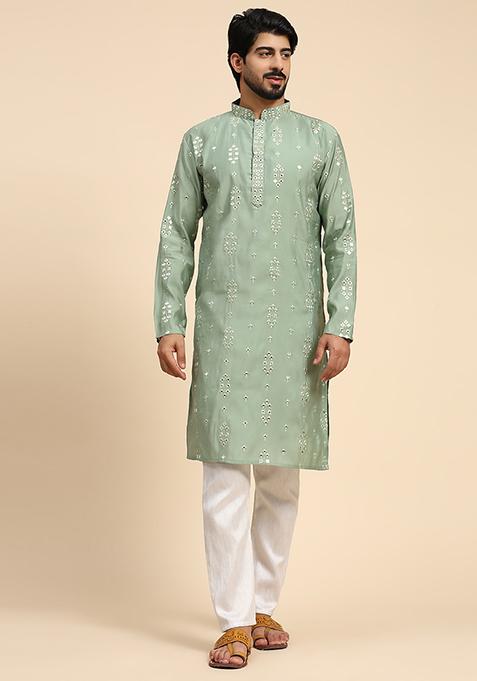 Green Resham Embroidered Silk Kurta For Men