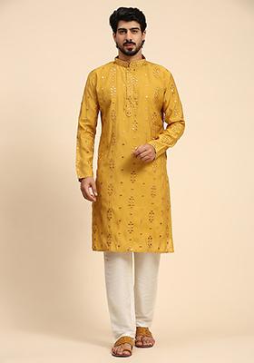 Mustard Resham Embroidered Silk Kurta For Men
