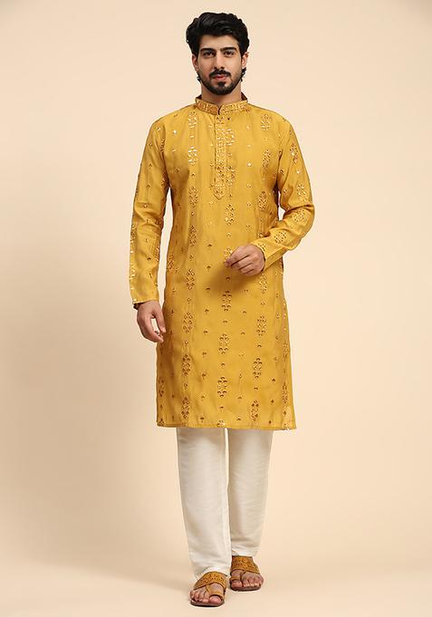 Mustard Resham Embroidered Silk Kurta For Men