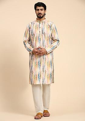 Multicolour Abstract Print Cotton Kurta For Men