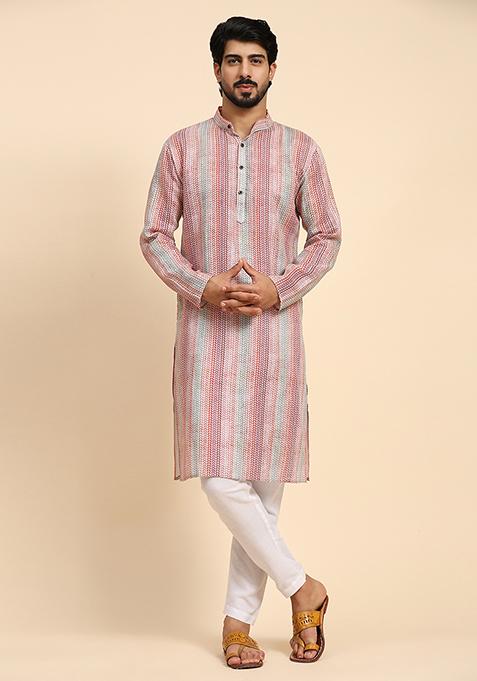 Purple Abstract Print Linen Kurta For Men