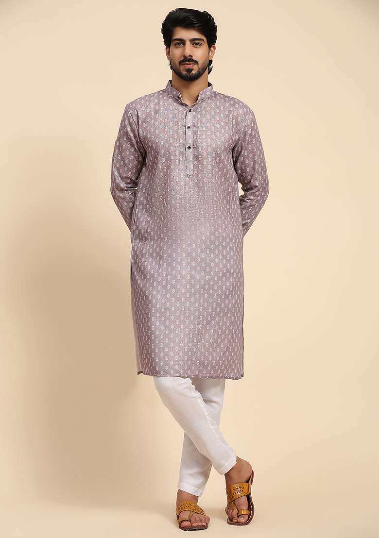 Mauve Abstract Print Linen Kurta For Men - Indya