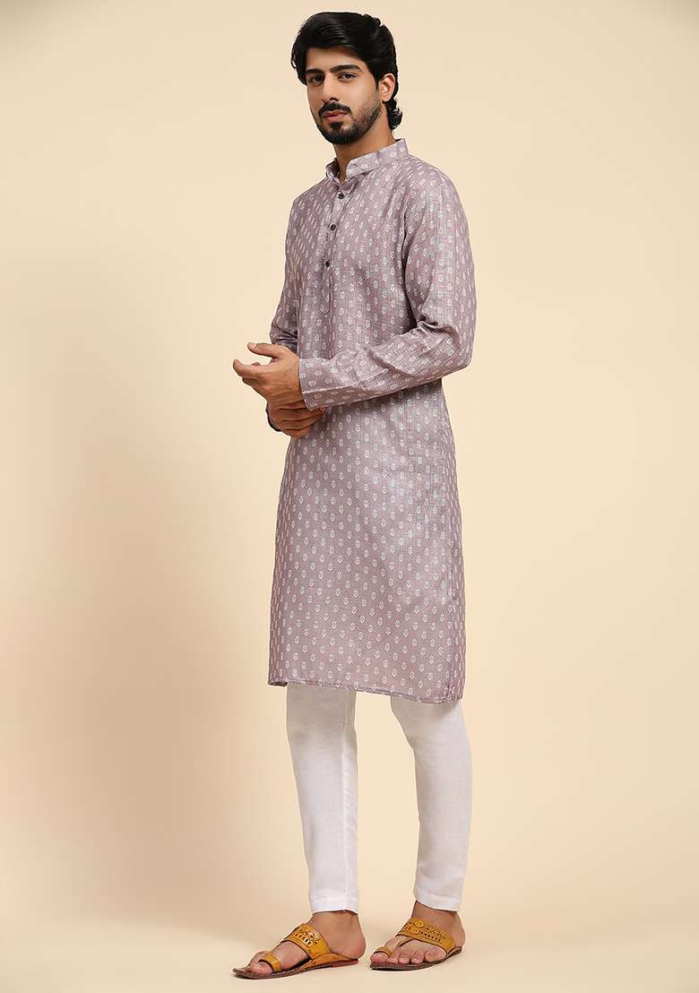 Mauve Abstract Print Linen Kurta For Men - Indya