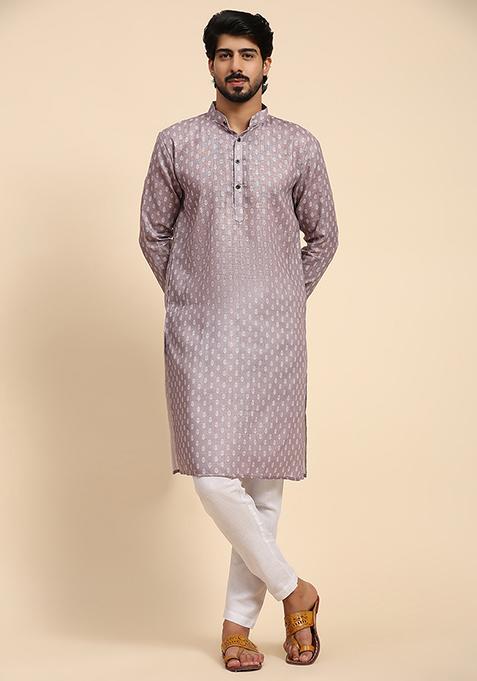 Mauve Abstract Print Linen Kurta For Men