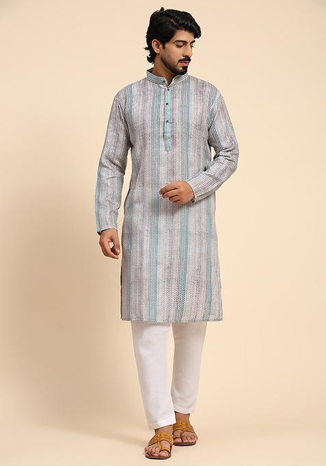 Sea Green Abstract Print Linen Kurta For Men