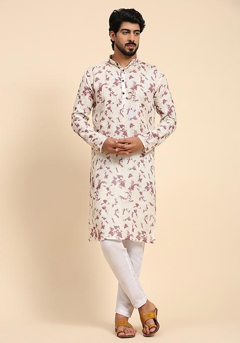 Off White Abstract Print Linen Kurta For Men