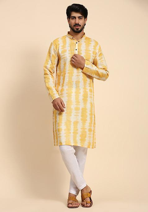 Yellow Abstract Print Linen Kurta For Men