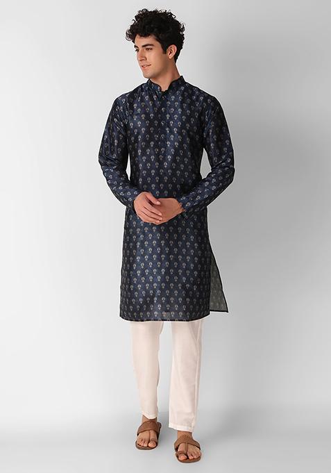 Blue Abstract Print Art Silk Kurta Set For Men