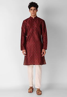 Maroon Abstract Print Art Silk Kurta Set For Men