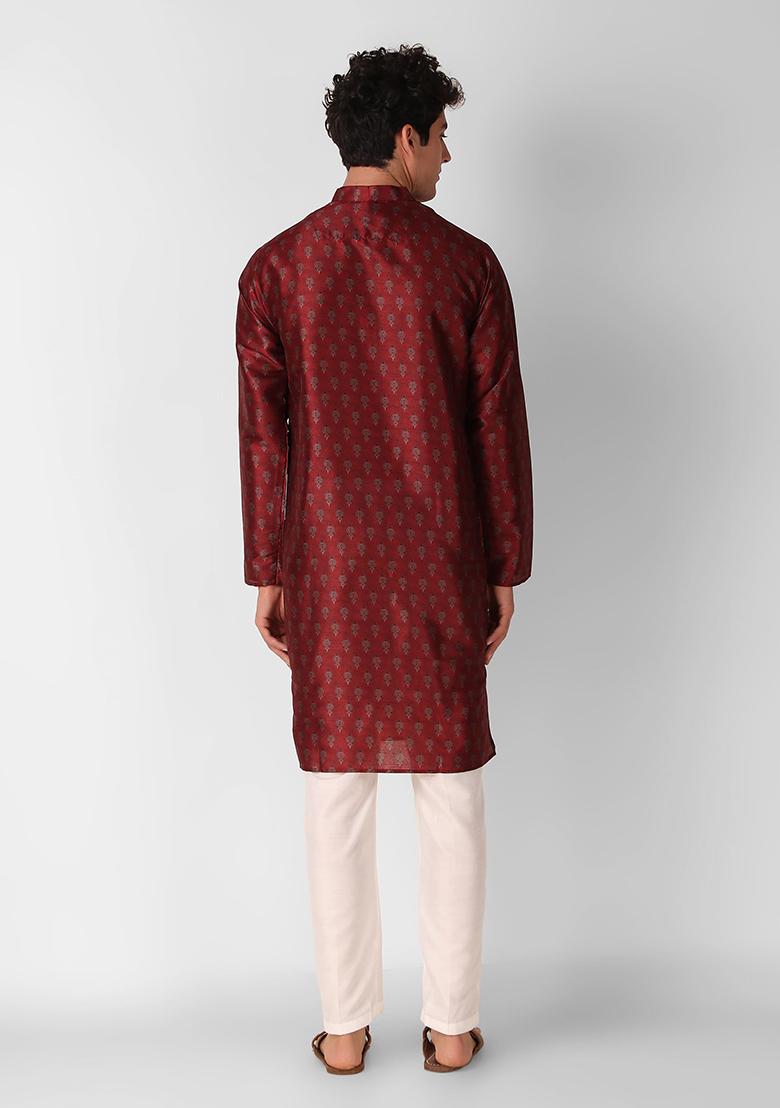 Maroon Abstract Print Art Silk Kurta Set For Men - Indya