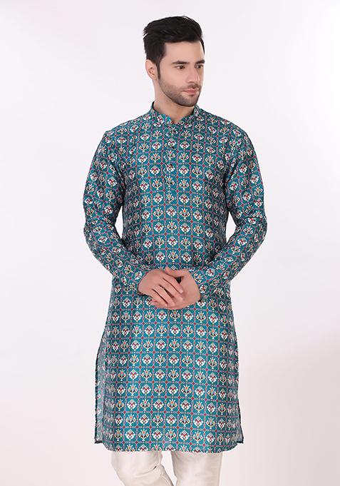 Blue Abstract Print Art Silk Kurta Set For Men