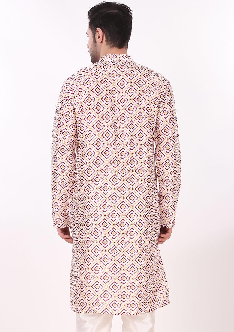 Off White Abstract Print Art Silk Kurta Set For Men - Indya