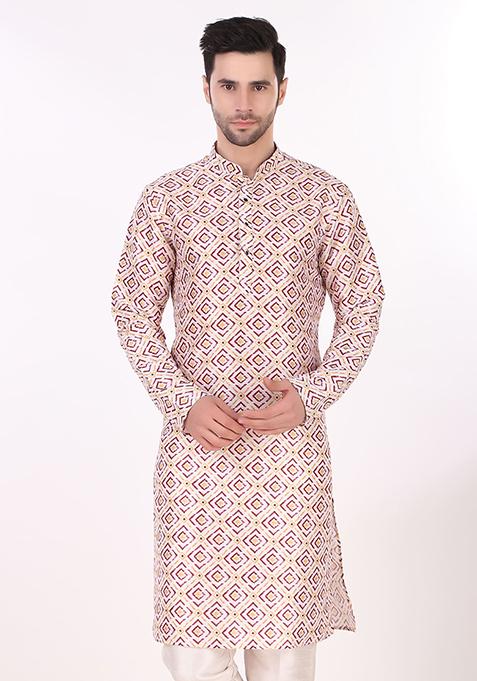 Off White Abstract Print Art Silk Kurta Set For Men