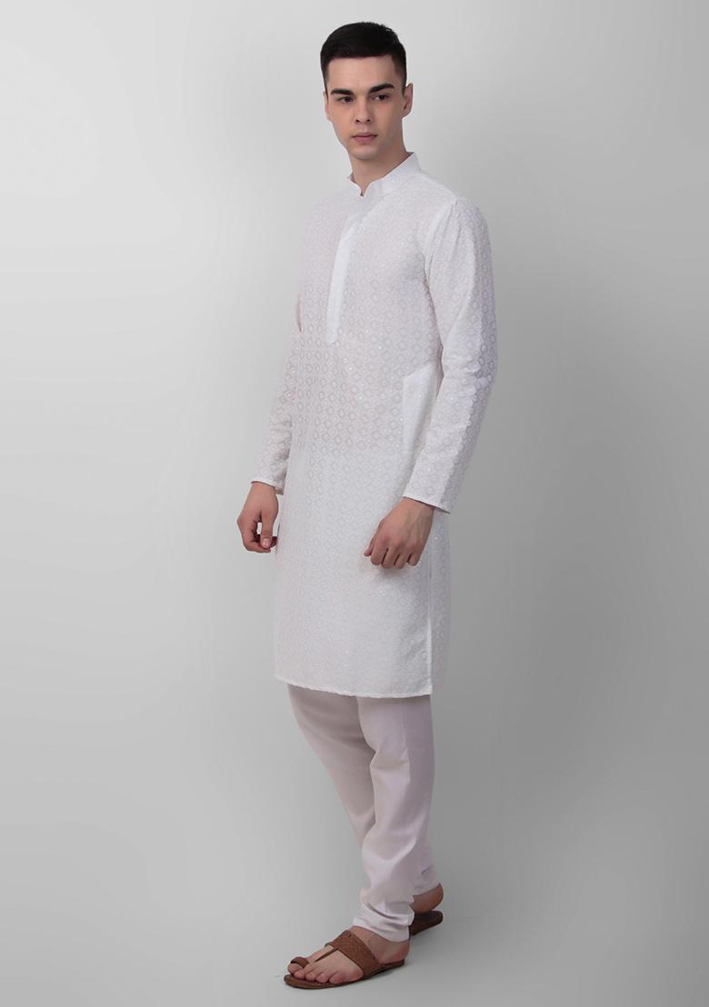 White Sequin Embroidered Cotton Kurta For Men