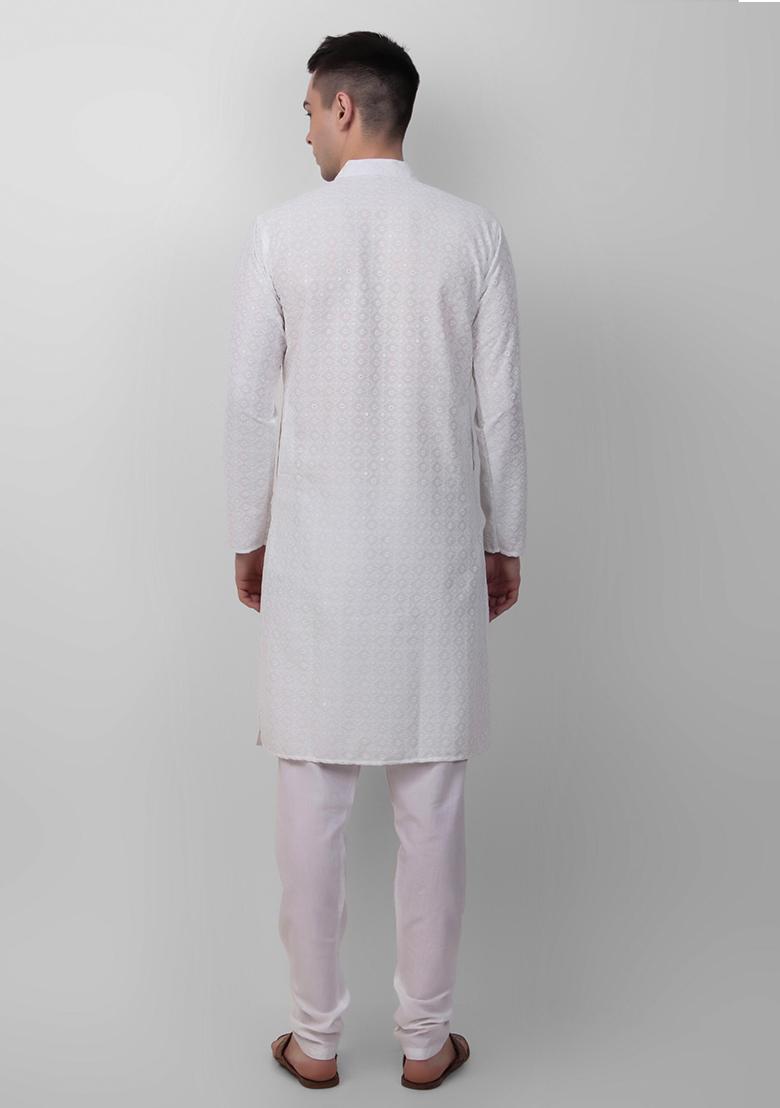 White Sequin Embroidered Cotton Kurta For Men