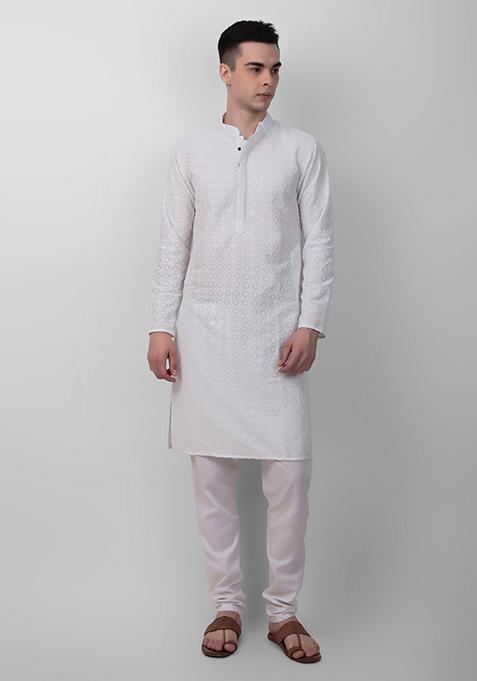 White Sequin Embroidered Cotton Kurta For Men