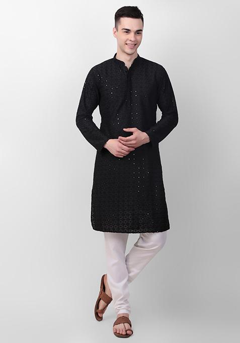 Black Sequin Embroidered Cotton Kurta For Men