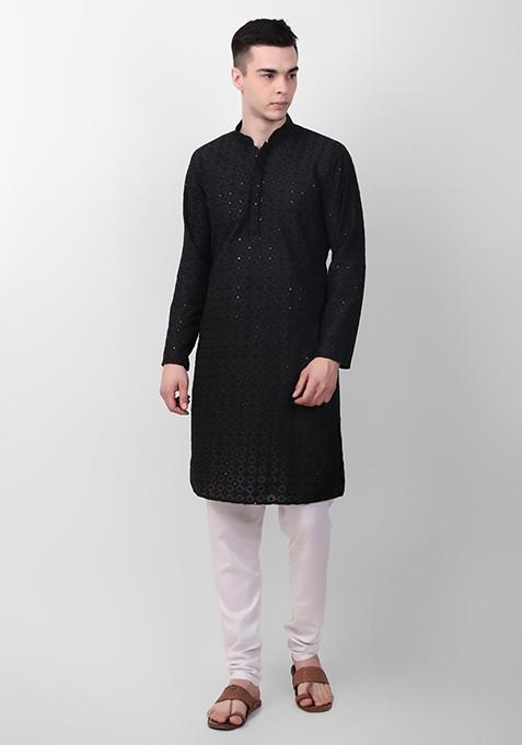 Black Sequin Embroidered Cotton Kurta For Men