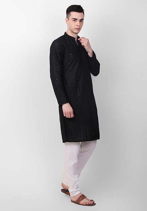 Black Sequin Embroidered Cotton Kurta For Men