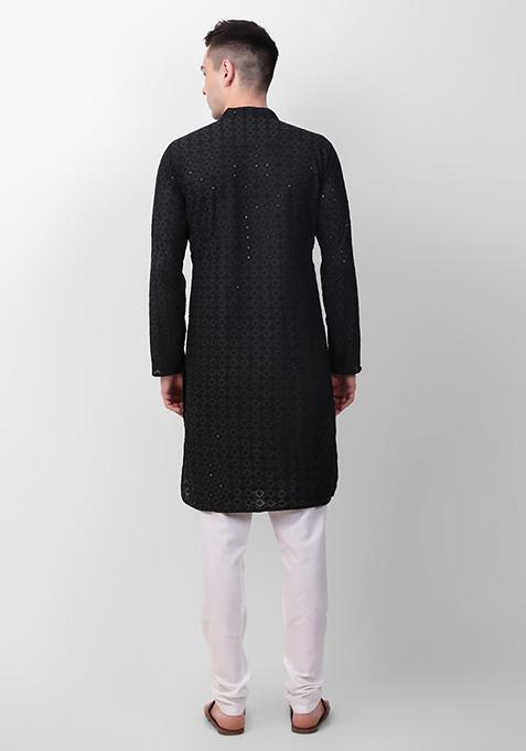 Black Sequin Embroidered Cotton Kurta For Men