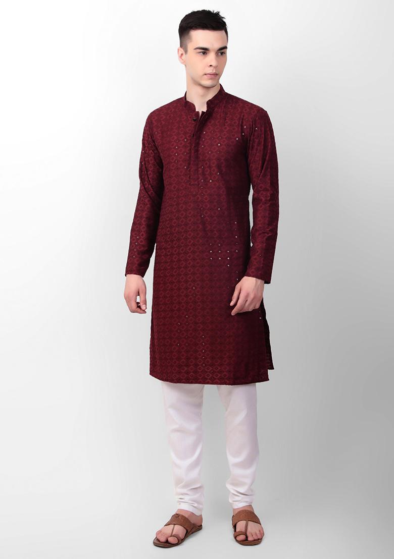 Maroon Sequin Embroidered Cotton Kurta For Men