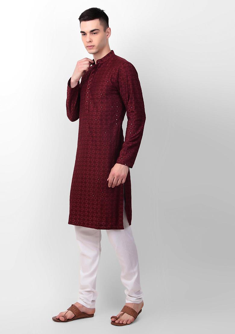 Maroon Sequin Embroidered Cotton Kurta For Men - Indya