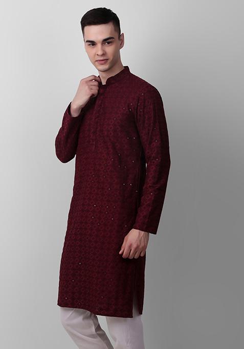 Maroon Sequin Embroidered Cotton Kurta For Men