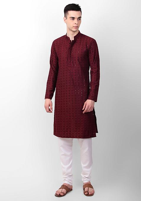 Maroon Sequin Embroidered Cotton Kurta For Men