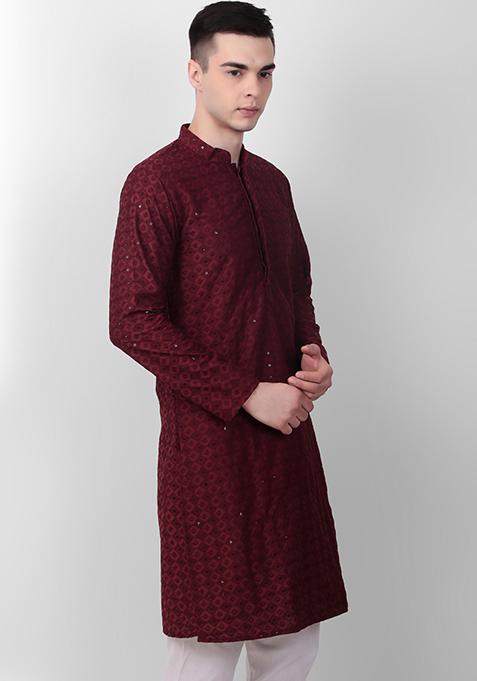 Maroon Sequin Embroidered Cotton Kurta For Men