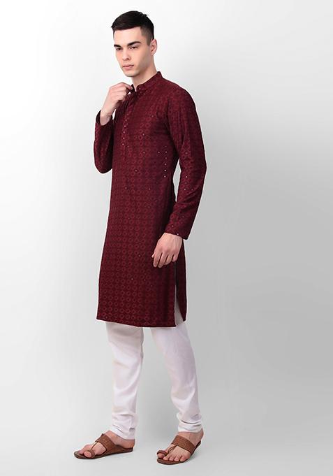 Maroon Sequin Embroidered Cotton Kurta For Men