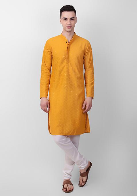 Yellow Sequin Embroidered Cotton Kurta For Men