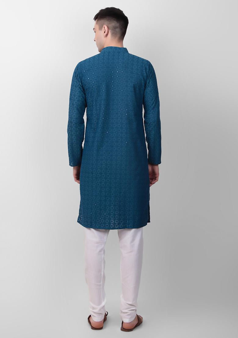 Teal Blue Sequin Embroidered Cotton Kurta For Men