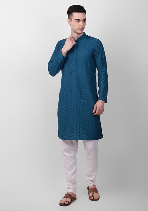 Teal Blue Sequin Embroidered Cotton Kurta For Men