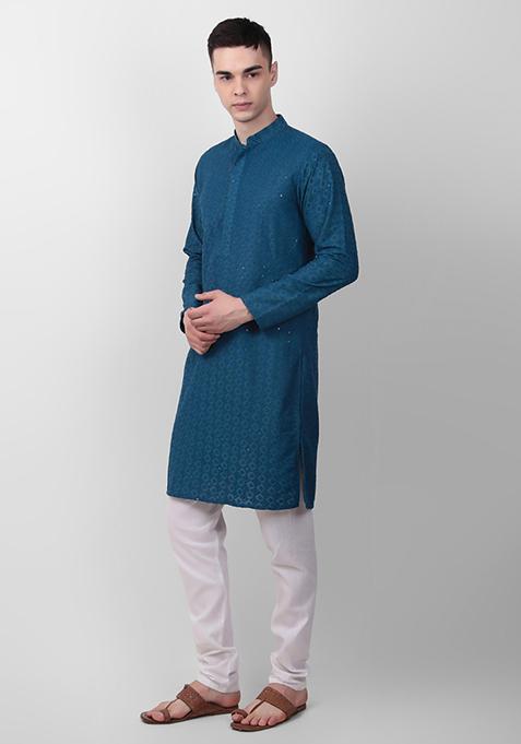 Teal Blue Sequin Embroidered Cotton Kurta For Men