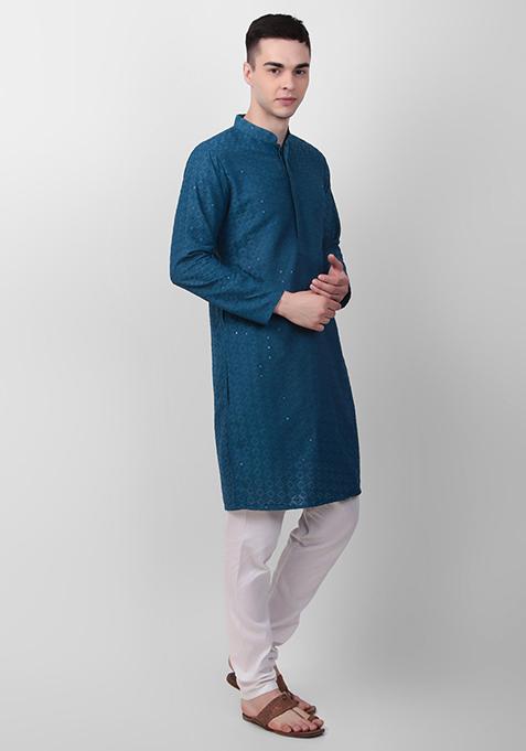 Teal Blue Sequin Embroidered Cotton Kurta For Men