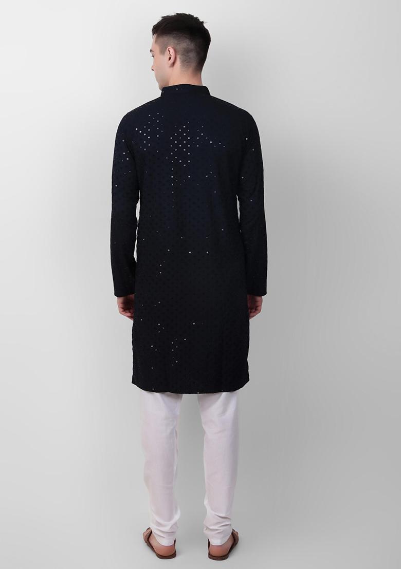 Navy Blue Sequin Embroidered Cotton Kurta For Men - Indya