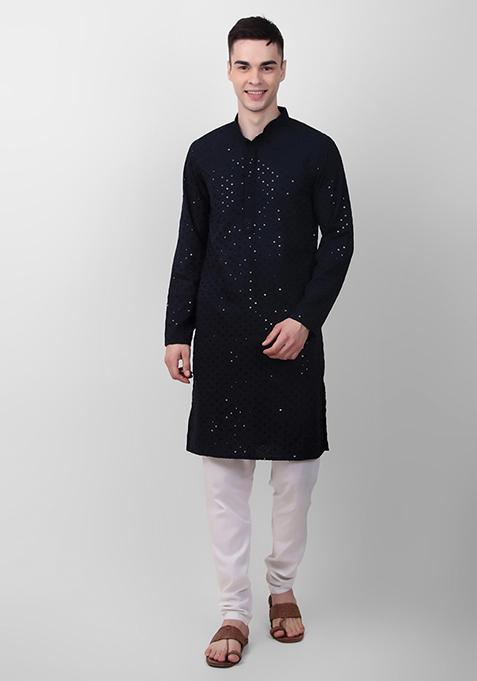 Navy Blue Sequin Embroidered Cotton Kurta For Men