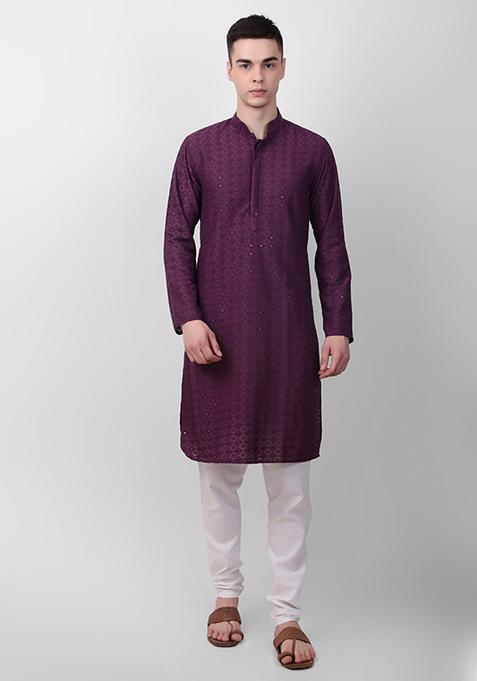 Wine Sequin Embroidered Cotton Kurta For Men