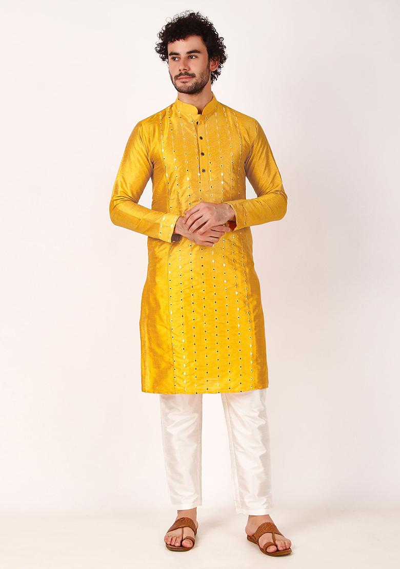 Yellow Mirror Work Art Silk Kurta Set For Men
