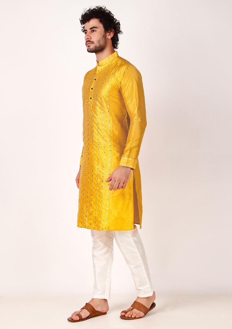 Yellow Mirror Work Art Silk Kurta Set For Men