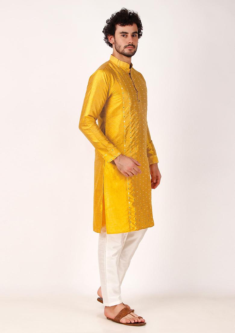 Yellow Mirror Work Art Silk Kurta Set For Men
