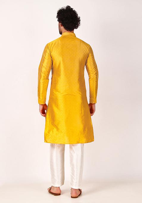 Yellow Mirror Work Art Silk Kurta Set For Men