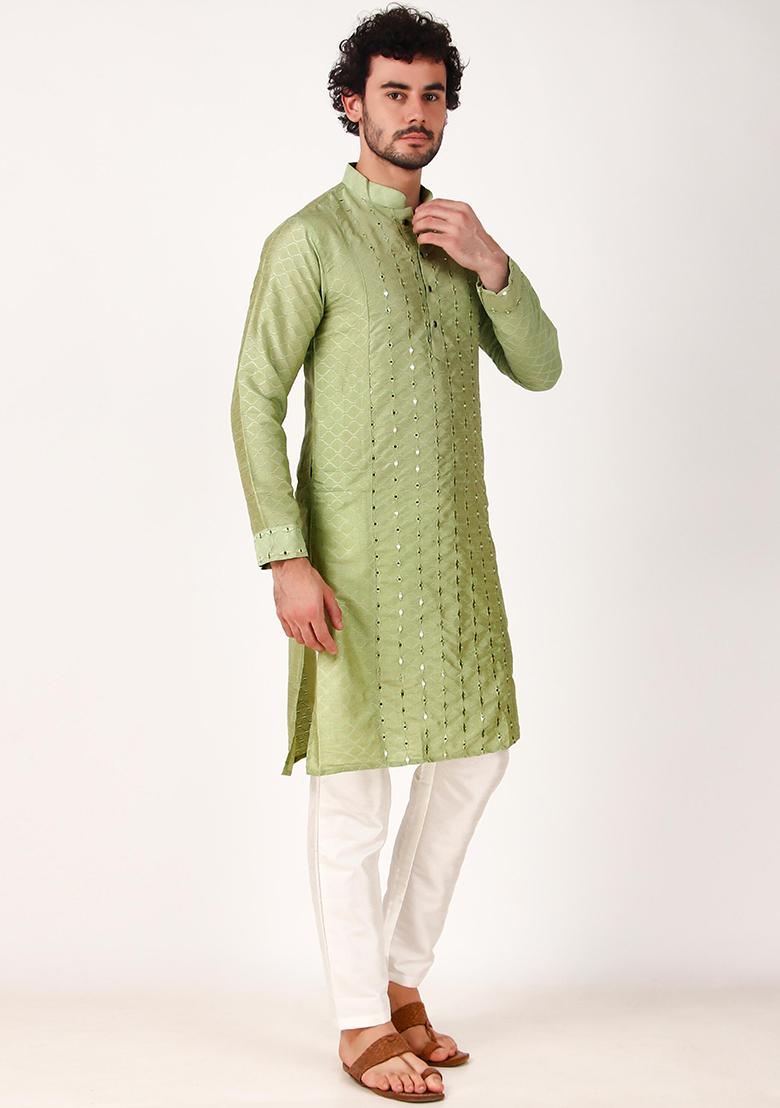 Green Mirror Work Art Silk Kurta Set For Men