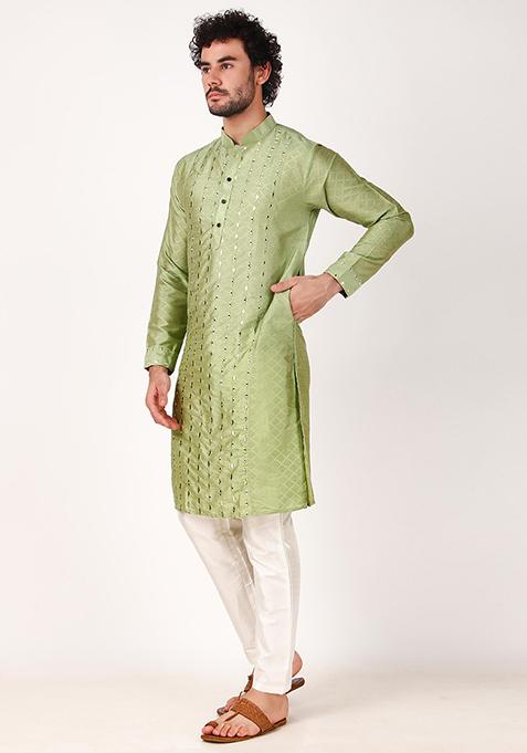 Green Mirror Work Art Silk Kurta Set For Men