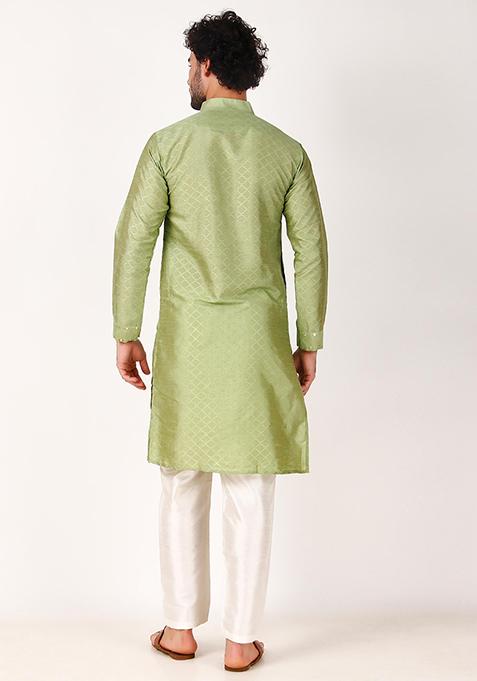 Green Mirror Work Art Silk Kurta Set For Men