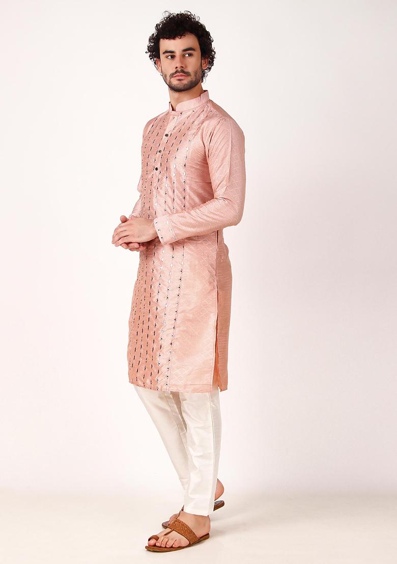 Pink Mirror Work Art Silk Kurta Set For Men