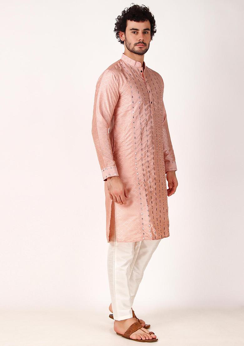 Pink Mirror Work Art Silk Kurta Set For Men