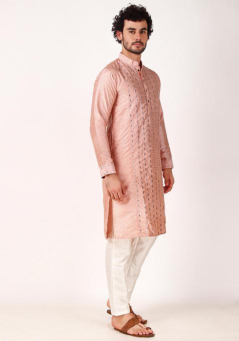 Pink Mirror Work Art Silk Kurta Set For Men