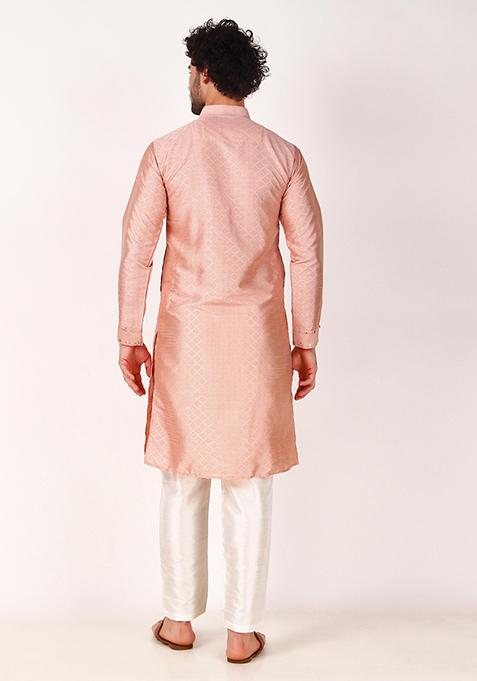 Pink Mirror Work Art Silk Kurta Set For Men
