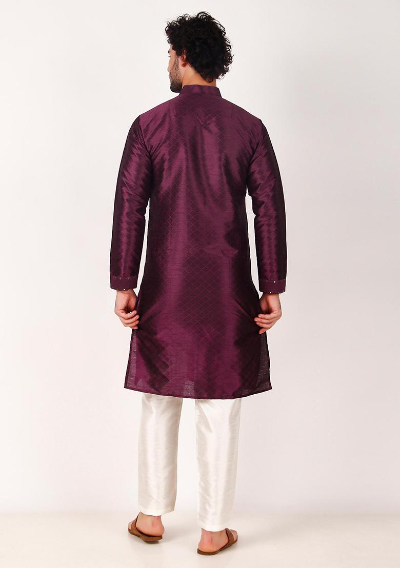 Purple Mirror Work Art Silk Kurta Set For Men